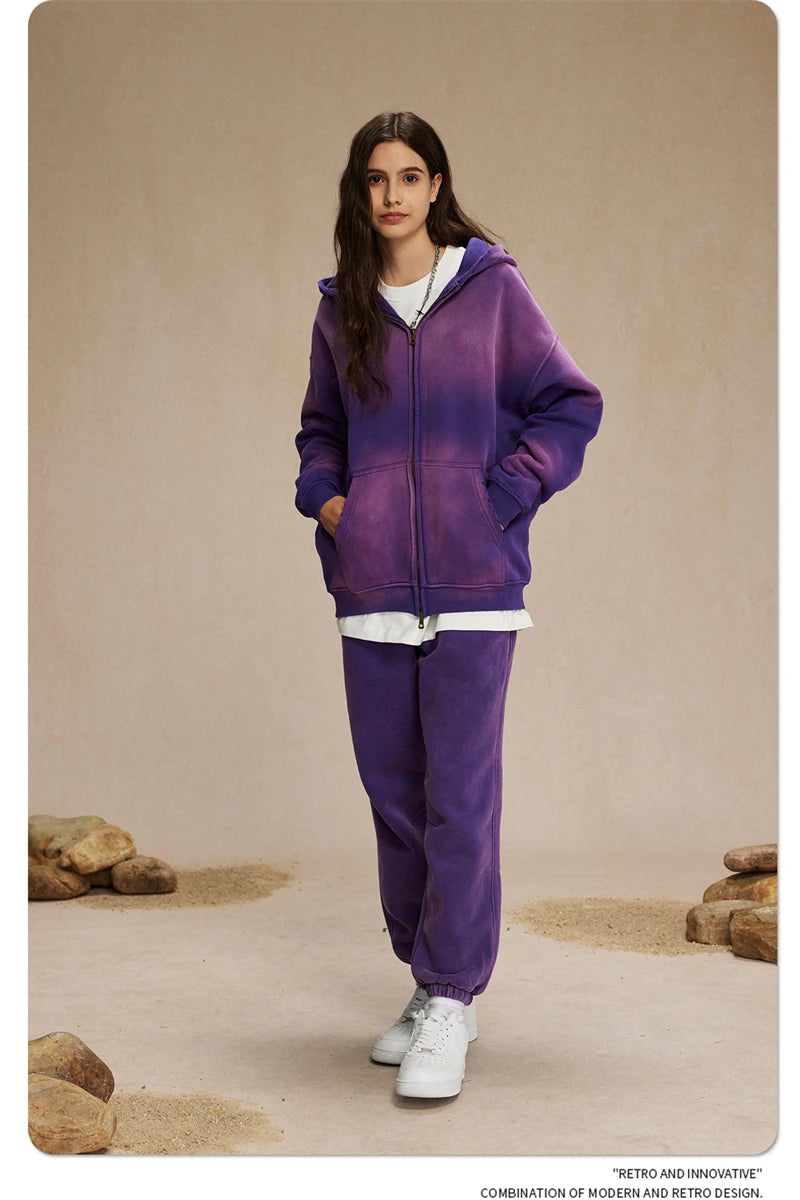 ZODF Retro Winter Men Spray-Dyed Zipper Hoodies Unisex Loose 360gsm Zipper Fleece Hooded Sweatshirt Pullovers Coats HY0719