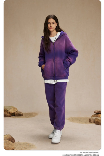 ZODF Retro Winter Men Spray-Dyed Zipper Hoodies Unisex Loose 360gsm Zipper Fleece Hooded Sweatshirt Pullovers Coats HY0719