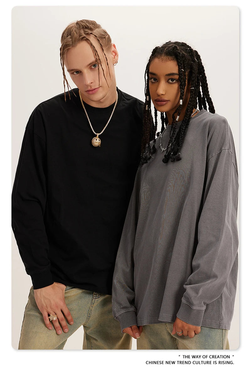 ZODF New Autumn Men's 260gsm 100% Cotton T Shirts Unisex Retro High Street Loose Washed Solid Tees Streetwears HY0376