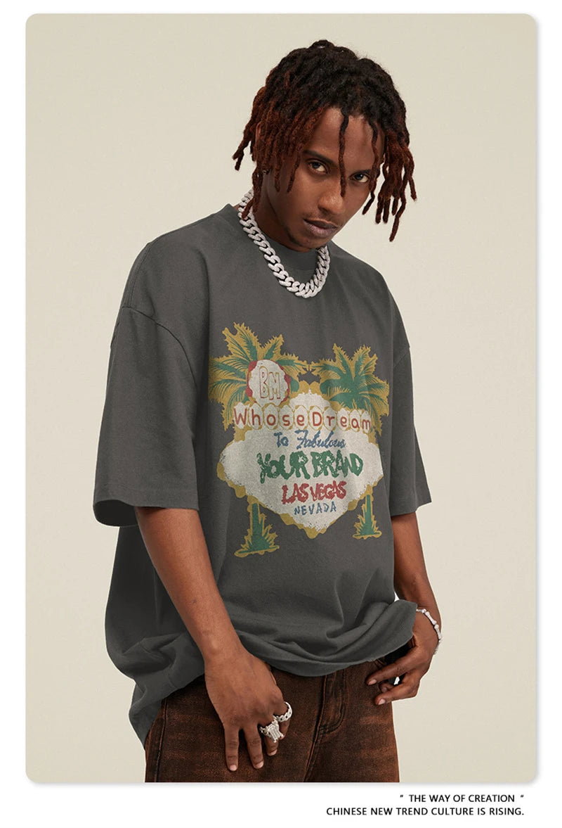 ZODF New Men High Street Washed T-Shirts Unisex Loose Tree Printing 285gsm Cotton O Neck T Shirt For Summer HY0512