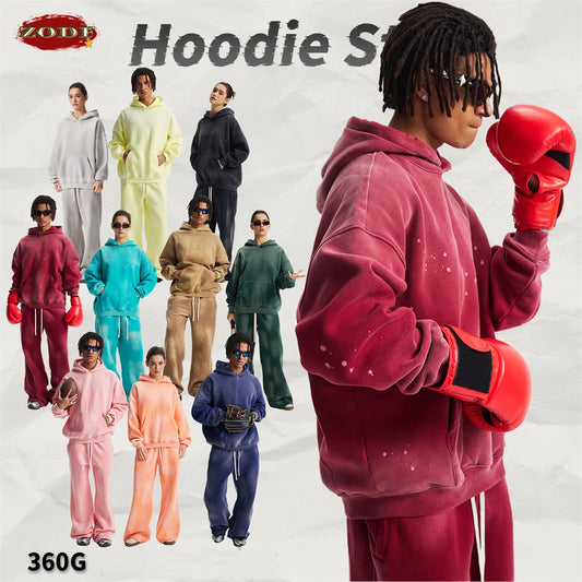 ZODF Trendy Men Washed 360gsm Fleece Hoodies Unisex Oversized Warm Paint Distressed Hooded Pullovers Winter Coat HY0947