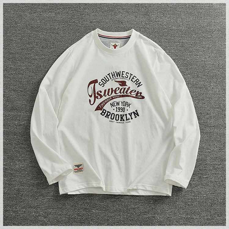 Autumn New American Retro Long-sleeved O-neck Letter Printed T-shirt Men's Fashion Simple 100% Cotton Washed Casual Sport Tops