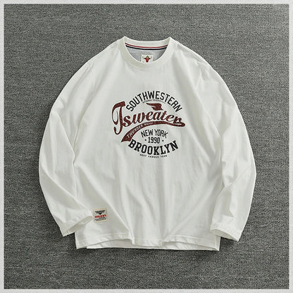 Autumn New American Retro Long-sleeved O-neck Letter Printed T-shirt Men's Fashion Simple 100% Cotton Washed Casual Sport Tops