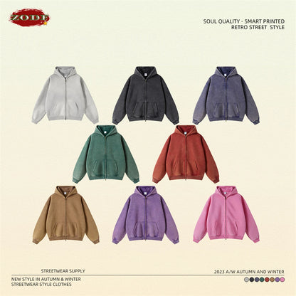 ZODF New Winter Men Batik Washed Zipper Hoodies Women Unisex Loose Thick Warm 360gsm Fleece Hooded Coat Sweatpants Set HY0713