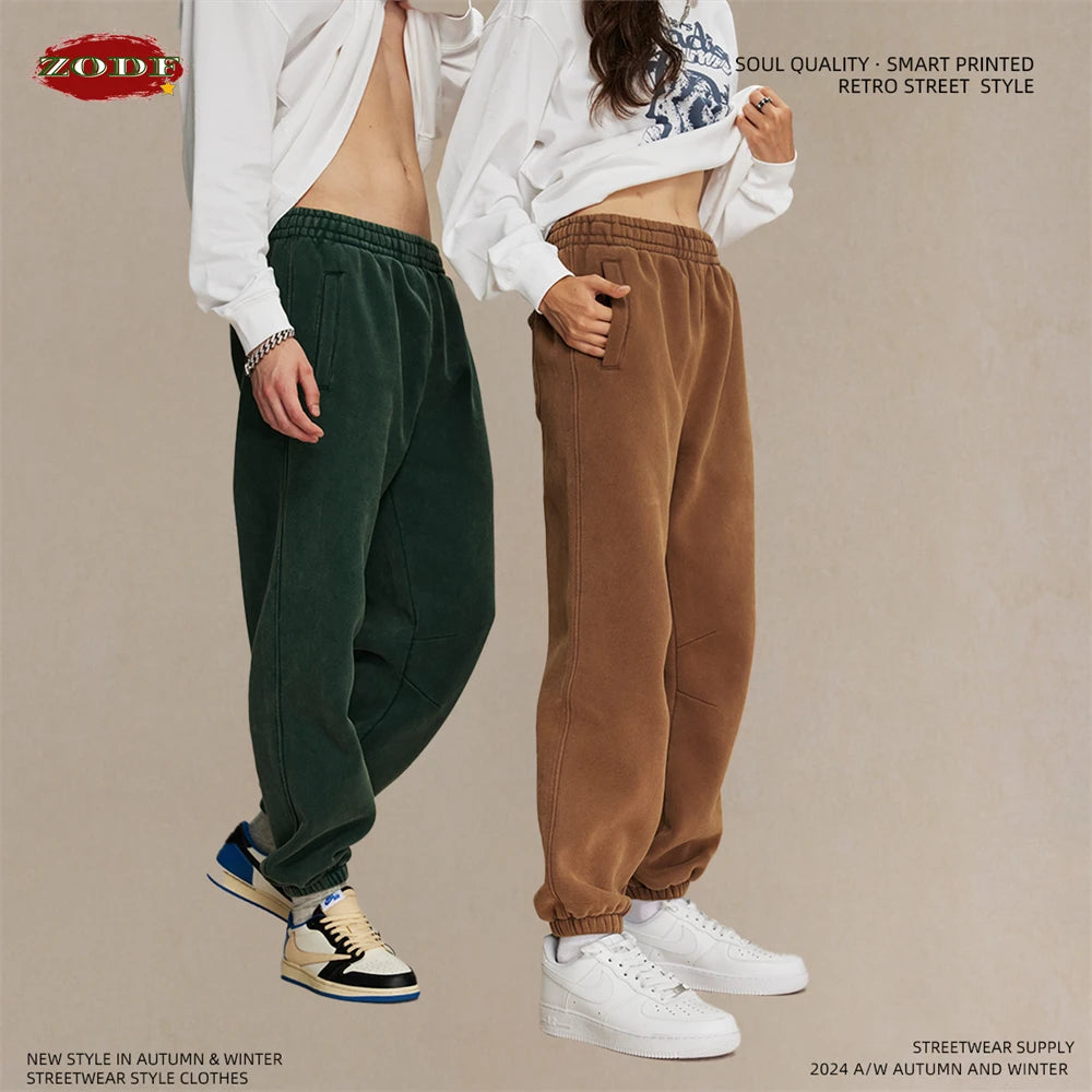 ZODF Retro Winter 360gsm Batik Washed Fleece Sweatpants Unisex Loose Drawstring Warm Joggers HY0714