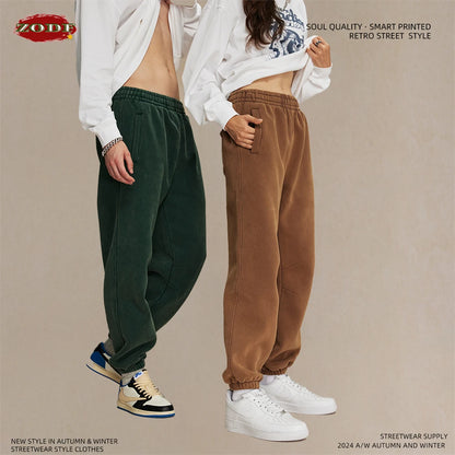ZODF Retro Winter 360gsm Batik Washed Fleece Sweatpants Unisex Loose Drawstring Warm Joggers HY0714