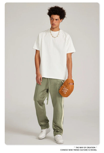 ZODF Spring Summer 275GSM Basic Side Webbing Trousers For Men Unisex American Retro Casual Sports Straight Pants HY0540