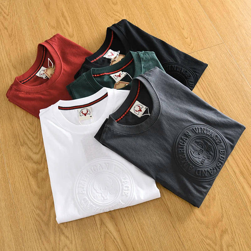 Summer New American Retro Short-sleeved O-neck 3D Printed T-shirt Men's Fashion Simple 100% Cotton Washed Casual Sport Tops