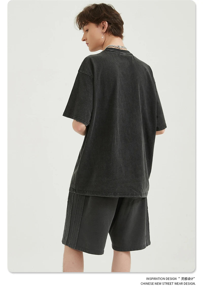 ZODF Men 2024 Retro Summer Washed Solid Cotton T-Shirts Unisex Retro Loose High Street 250gsm Basic Tees Streerwears HY0075