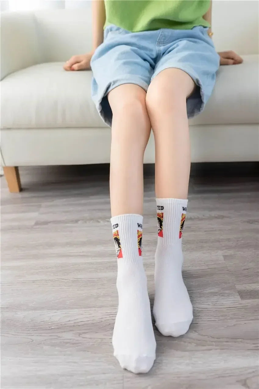 5Pair Anime One Piece Socks Cartoon Luffy Chopper Student Cotton White Long Short Boat Socks Printed Knitted Socks Children Gift