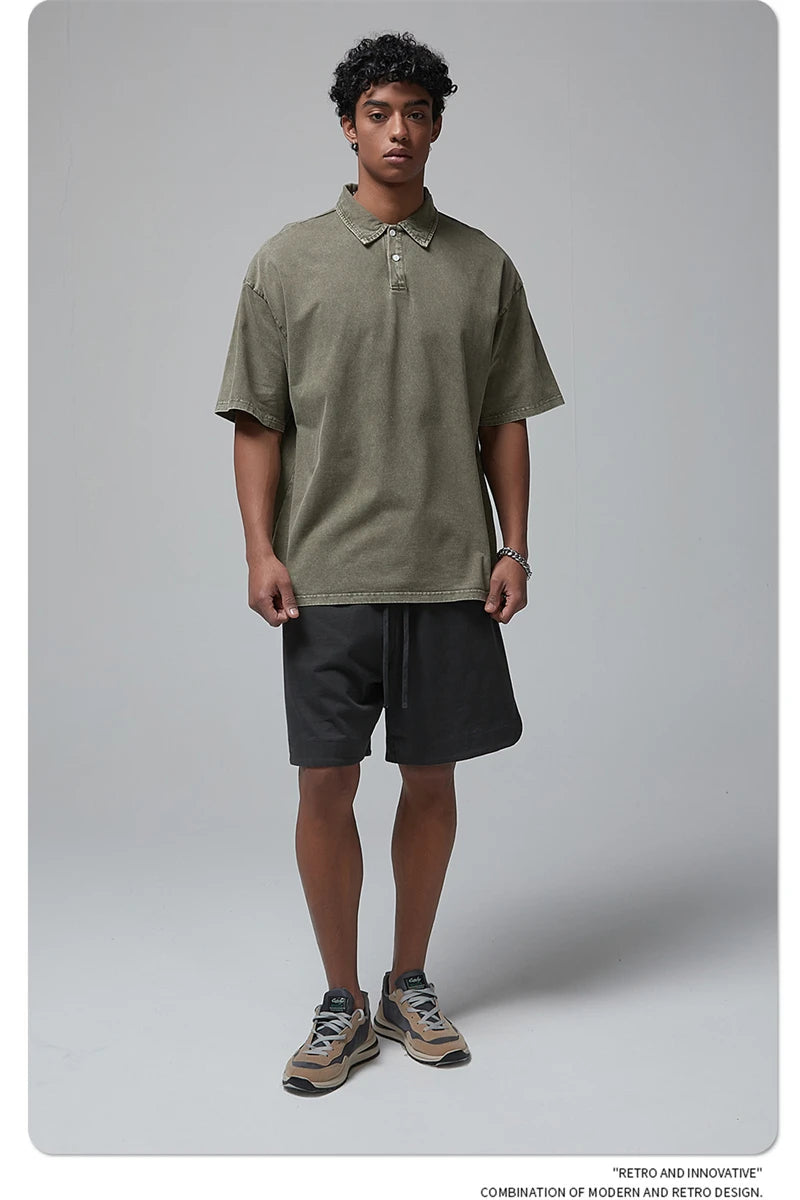 ZODF Summer Men Batik Washed 275gsm Cotton T Shirt Unisex Retro Turn Down Collar Short Sleeve T-shirts Tees HY0533