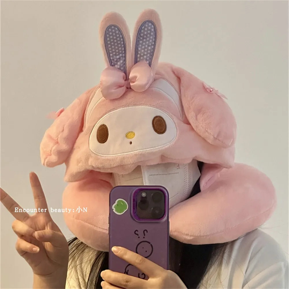 Lovely My Melody U-shaped Hooded Pillow Kawaii Japanese Style Blackout Travel Pillow Office Cartoon Nap Pillow Pink Girl