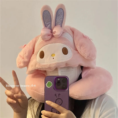 Lovely My Melody U-shaped Hooded Pillow Kawaii Japanese Style Blackout Travel Pillow Office Cartoon Nap Pillow Pink Girl