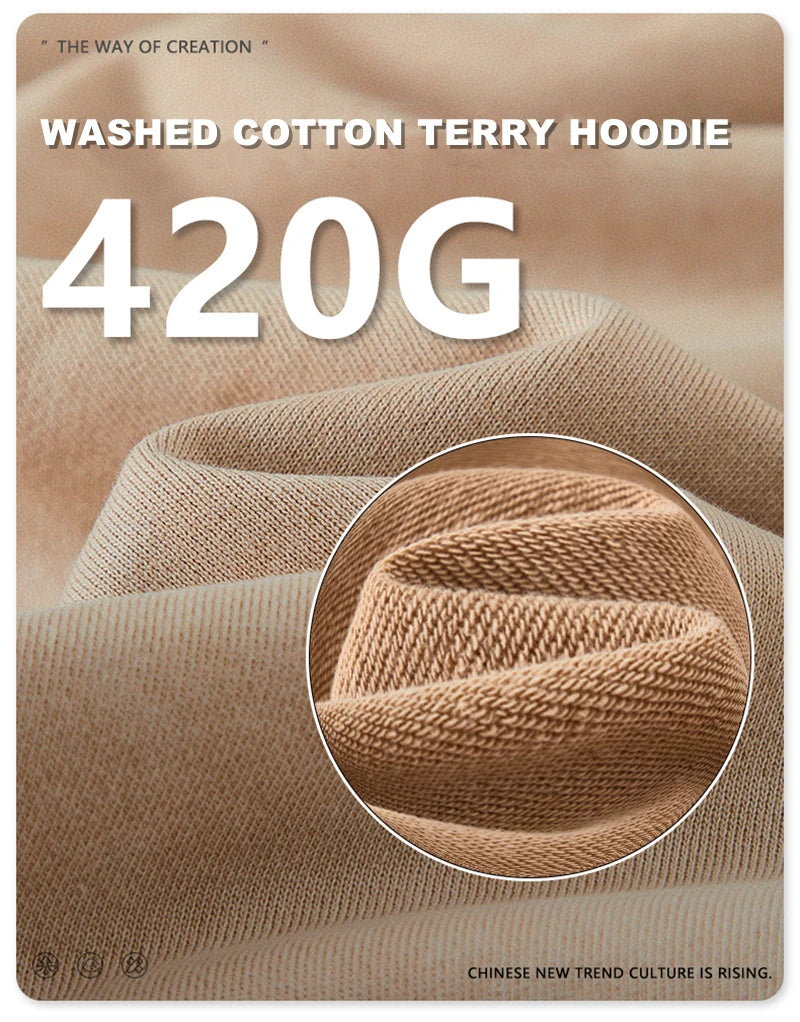 ZODF Retro Men Heavyweight Washed Cotton Hoodies Unisex Loose Thick 420gsm Hooded Sweatshirts Pullovers Coats HY0466