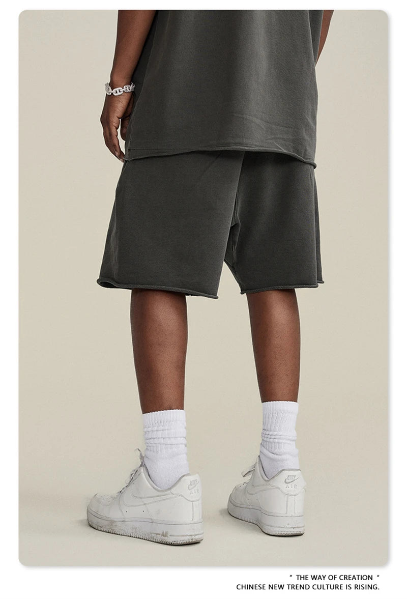 ZODF New Summer Men Retro Washed Shorts Unisex Drawstring Loose Edge 420gsm Solid Knee Length Cotton Pants Streetwears HY0589