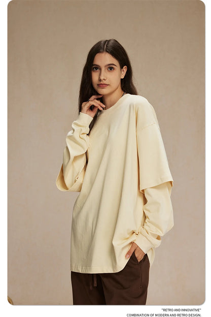 ZODF Fashion Spring Autumn Men 100% Cotton T-Shirt Unisex Fake 2-Piece 305gsm Solid Full Sleeve O Neck T Shirt Brand Tees HY0925