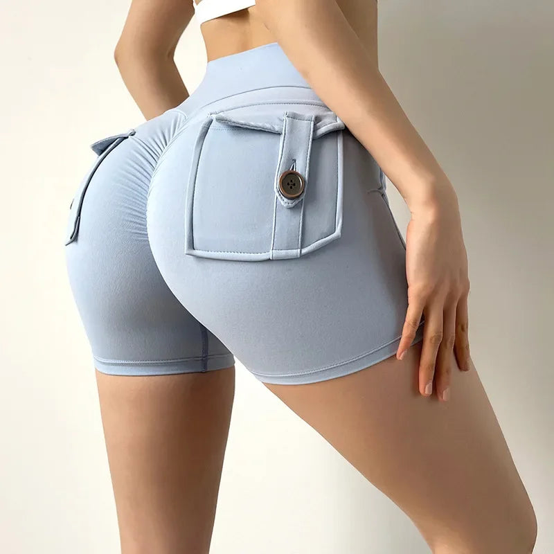 High Waist Yoga Shorts for Women with Pockets Scrunched Butt Push Up Gym Leggings Sexy Fitness Running Tights - Grayish