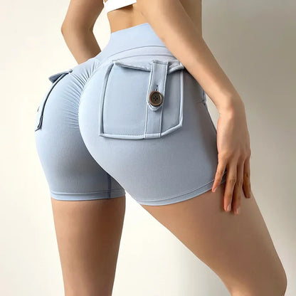 High Waist Yoga Shorts for Women with Pockets Scrunched Butt Push Up Gym Leggings Sexy Fitness Running Tights - Grayish