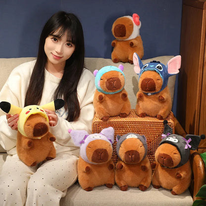 Capybara Soft Doll Cute Stuffed Capibara Anime With Pikachu Stitch Kuromi Hat Toy Kawaii Plushie Xmas Gift for Girl Friend