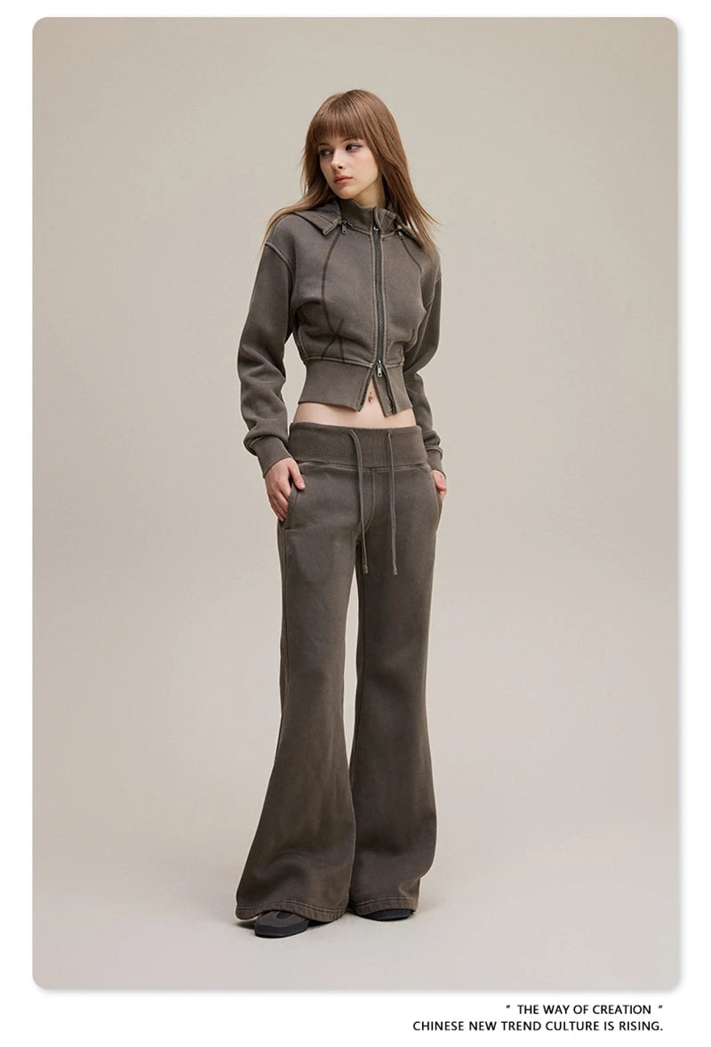 ZODF Retro Winter Women 400gsm Fleece Flared Pants Casual Girls Female Slim Fit Warm Washed Distressed Trousers HY1142