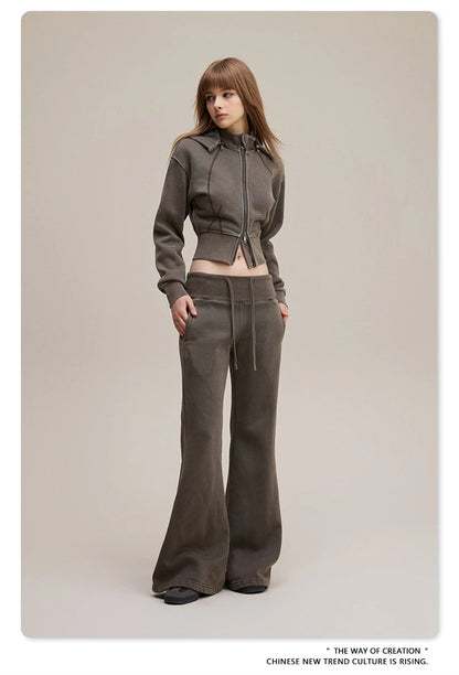 ZODF Retro Winter Women 400gsm Fleece Flared Pants Casual Girls Female Slim Fit Warm Washed Distressed Trousers HY1142