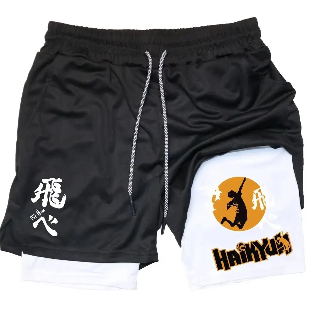 Anime Haikyuu Men's Shorts Quick-dry Pants Summer Graphic Print Workout Training Fitness Double Layer 2-in-1 Sports Gym Shorts