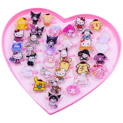 New 36pcs Of Cartoon Cinnamoroll My Melody Kuromi Resin Ring Children's Creative Love Box Cute Ring Girl Trinkets Children's Toy