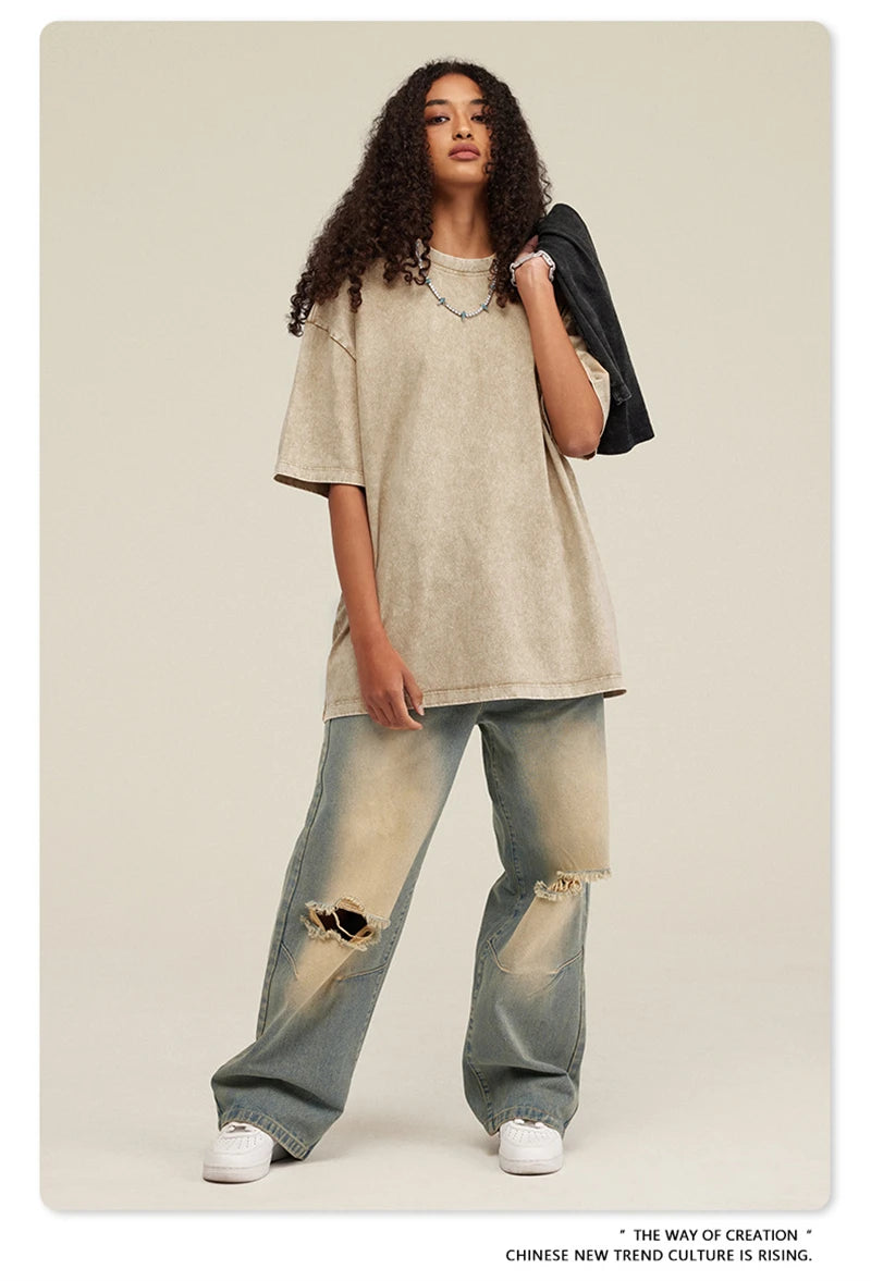 ZODF New Summer Men Washed Batik Cotton T Shirts Unisex American Retro High Street 270gsm Short Sleeve Tees Streetwear HY0489