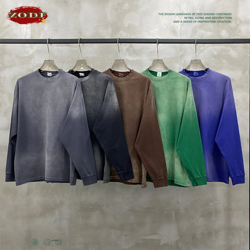 ZODF Retro Monkey Washed 260gsm Cotton T-Shirt For Men Unisex High Street Loose Full Sleeve T Shirt Brand Streetwear HY0406