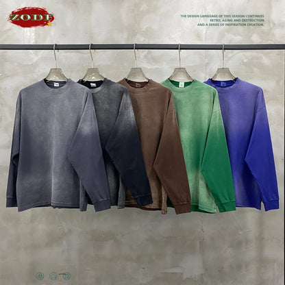 ZODF Retro Monkey Washed 260gsm Cotton T-Shirt For Men Unisex High Street Loose Full Sleeve T Shirt Brand Streetwear HY0406