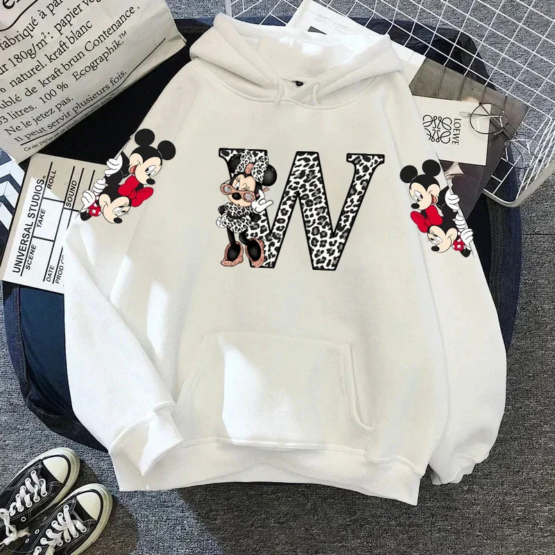 2024 Women's Winter Jacket Cute Kawaii Disney Mickey Mouse Lucky Letters Print White Hoodie Fashion Couple Streetwear Sportswear
