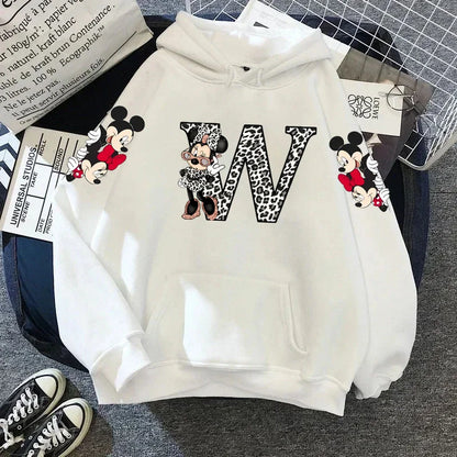 2024 Women's Winter Jacket Cute Kawaii Disney Mickey Mouse Lucky Letters Print White Hoodie Fashion Couple Streetwear Sportswear