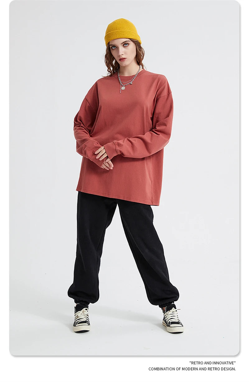 ZODF Retro Autumn Full Sleeve Washed 100% Cotton T-Shirts For Men Unisex Solid Casual Loose 310gsm Tee Brand Tops HY0405