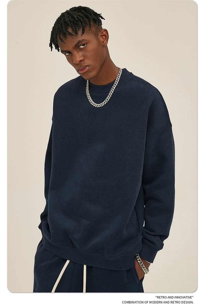 ZODF New 2025 Winter 350gsm Fleece Sweatshirts For Men Unisex Casual Loose Basic Solid O-Neck Thick Warm Pullovers HY0635