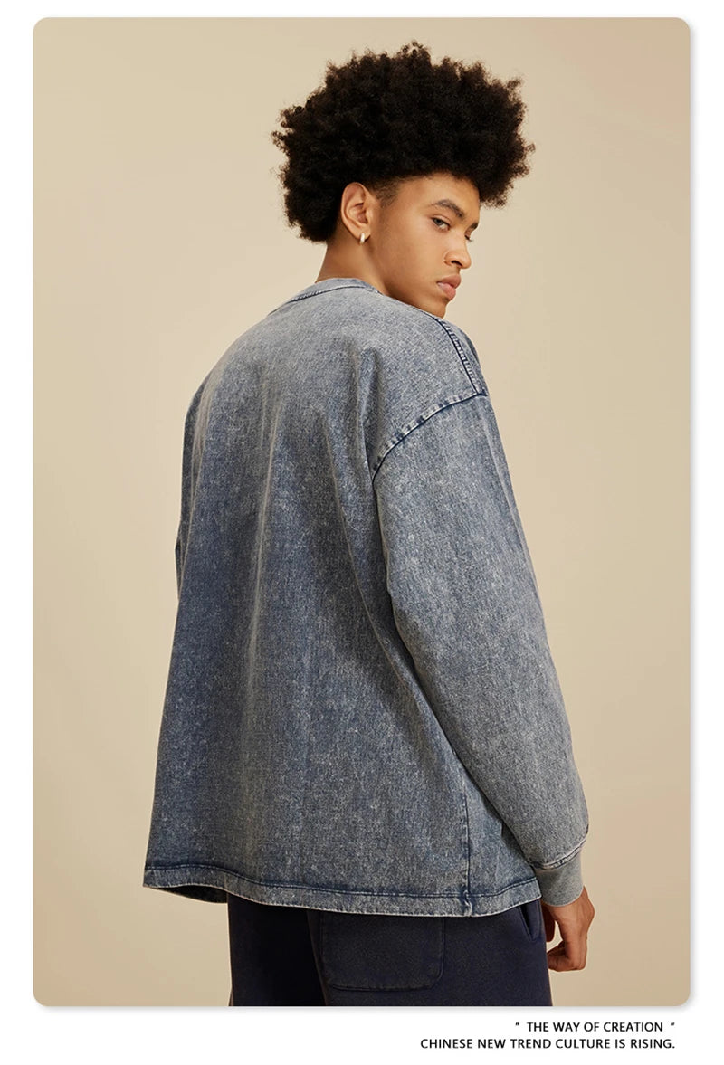 ZODF Retro 2025 Men Autumn Batik Washed T Shirt Unisex Oversized Basic Long Sleeve Solid 270gsm Cotton T-Shirts Tees HY0641