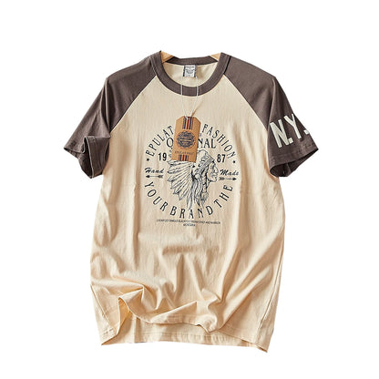 Summer New American Retro Short-sleeved O-neck Letter Printed T-shirt Men's Fashion Simple 100% Cotton Washed Casual Sport Tops