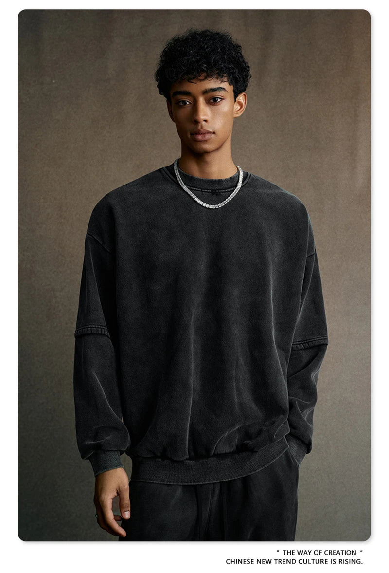 ZODF Trendy 2025 Winter Man 360gsm Washed Fleece Hoodies Unisex Patchwork Loose Fake 2 Pieces Knitted O Neck Sweatshirts HY1089