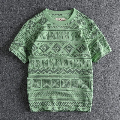 6013# Summer New American Retro Short Sleeve O-neck Geometric Printed T-shirt Men's Fashion 100% Cotton Washed Loose Casual Tops