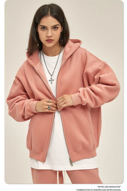 ZODF New Men Double Headed Zipper Fleece Hoodies Unisex Loose Basic Solid Warm Hooded Sweatshirts Coats For Winter HY0633