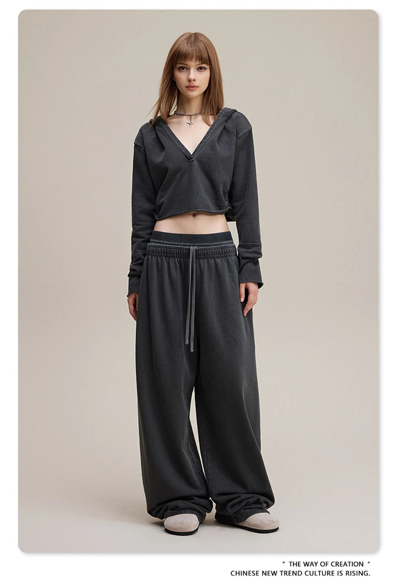 ZODF Retro Women Washed 370gsm Straight Pants Vintage Girls Female Loose Double Waist Wide Leg Cotton Trousers HY1150