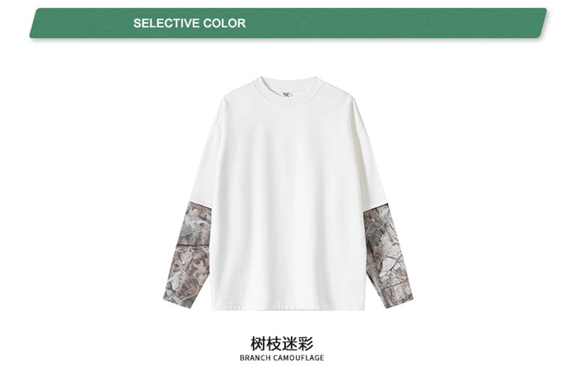 ZODF New Autumn Man Heat Transfer Printing T-Shirt Unisex Oversized 340gsm Fake 2-Piece Long Sleeve T Shirts Brand Tops HY1113