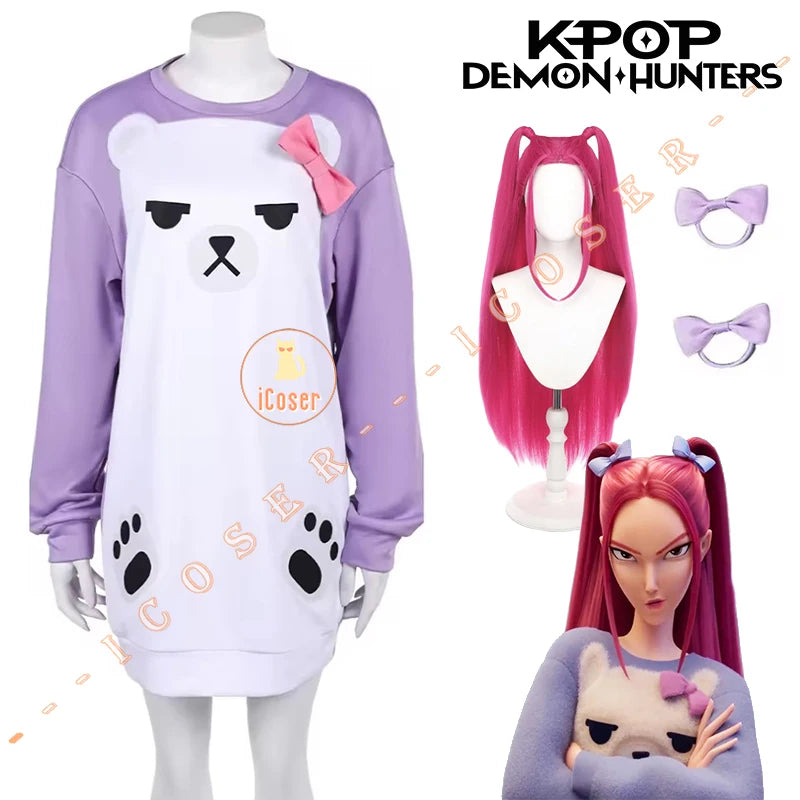 KPop Demon Hunters Mira Cosplay Costume Wig Purple Bear Pajamas Sweatshirt Headwear Huntrix Halloween Party for Women Girls Cos