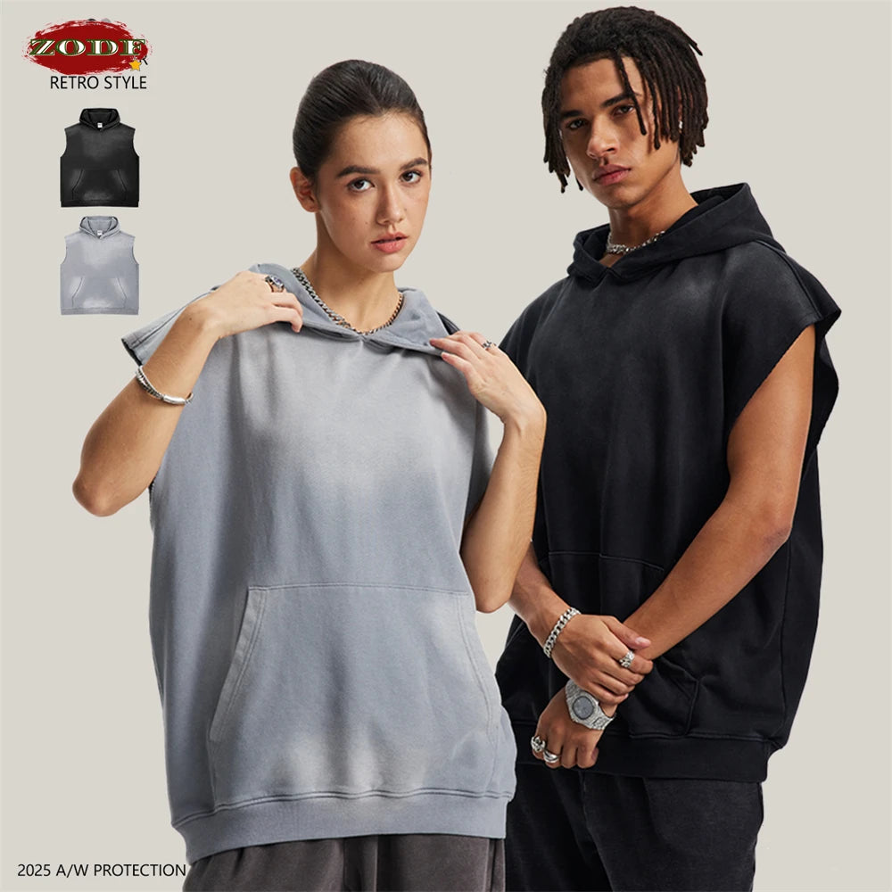 ZODF Summer Autumn Man Washed Sleeveless Hoodies For Men Unisex Loose Edge Distressed 380gsm Cotton Hooded Pullovers HY1097