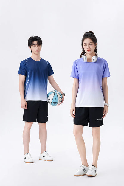 Chrlck Unisex Gradient Quick-Dry Ice Silk Fitness T-Shirt and Shorts Set for Running Gym Training