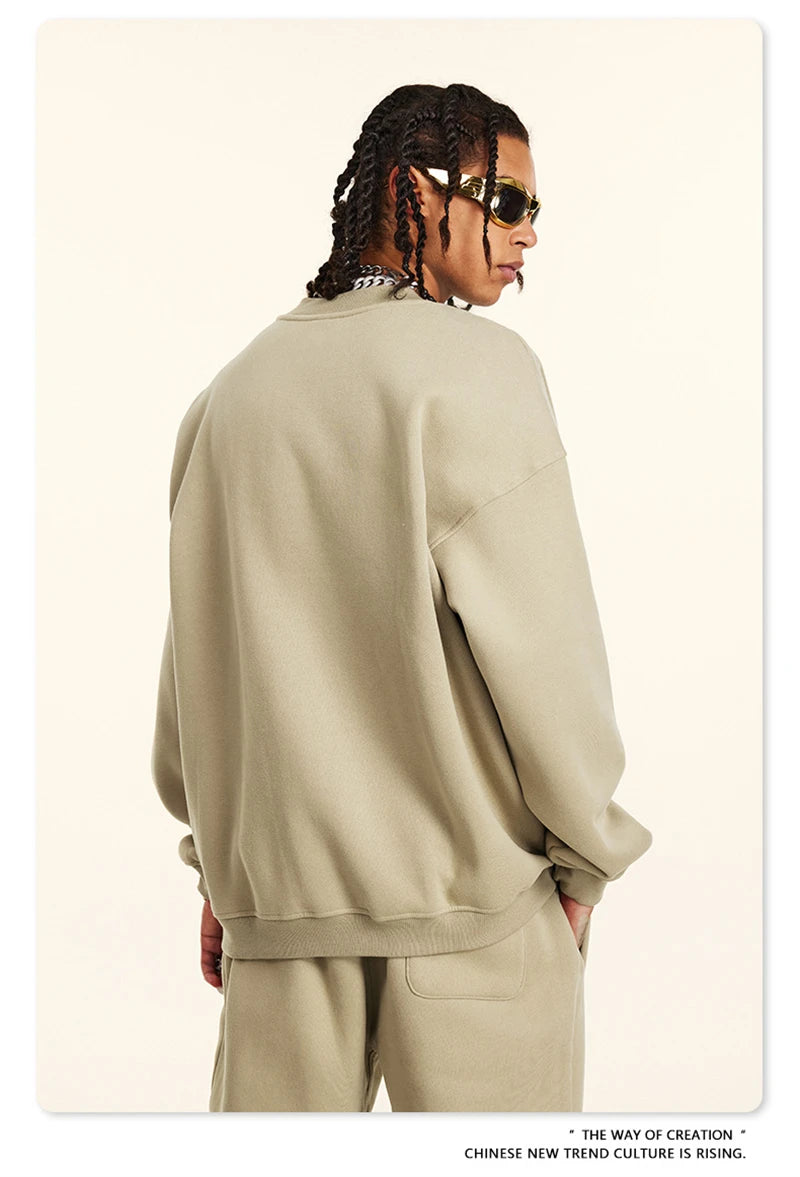 ZODF 2024 Winter Men 345gsm Fleece Sweatshirts Unisex Women Casual Loose Warm Solid O-Neck Pullovers Streetwears HY0865