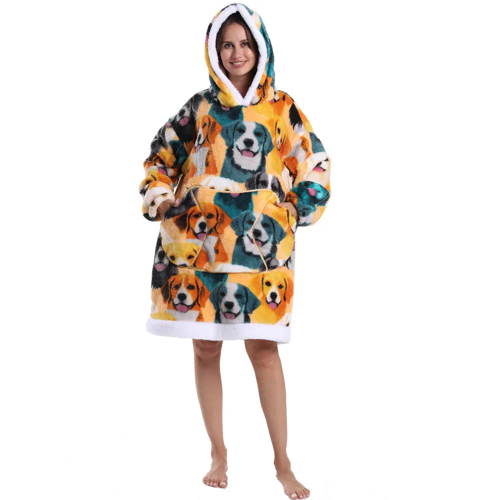 Leopard Winter Women Thicken Warm Hoodie Blanket Pink Blue Oversize Large Pocket Couple Loose Sweatshirts Mens Graphic Hoodies