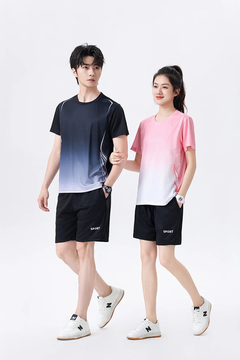 Chrlck Unisex Gradient Quick-Dry Ice Silk Fitness T-Shirt and Shorts Set for Running Gym Training