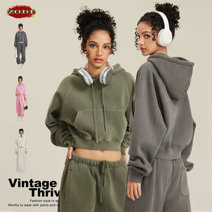 ZODF Women Hotsweet 2025 Winter Washed Fleece Crop Hoodies Girls Oversized Raglan Sleeve 400gsm Hooded Pullovers HY0648