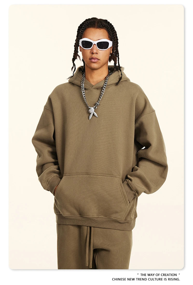 ZODF New 2024 Autumn Winter Men 345gsm Fleece Hoodies Unisex Women Relax Fit Warm Solid Hooded Pullovers Sweatshirts HY0863