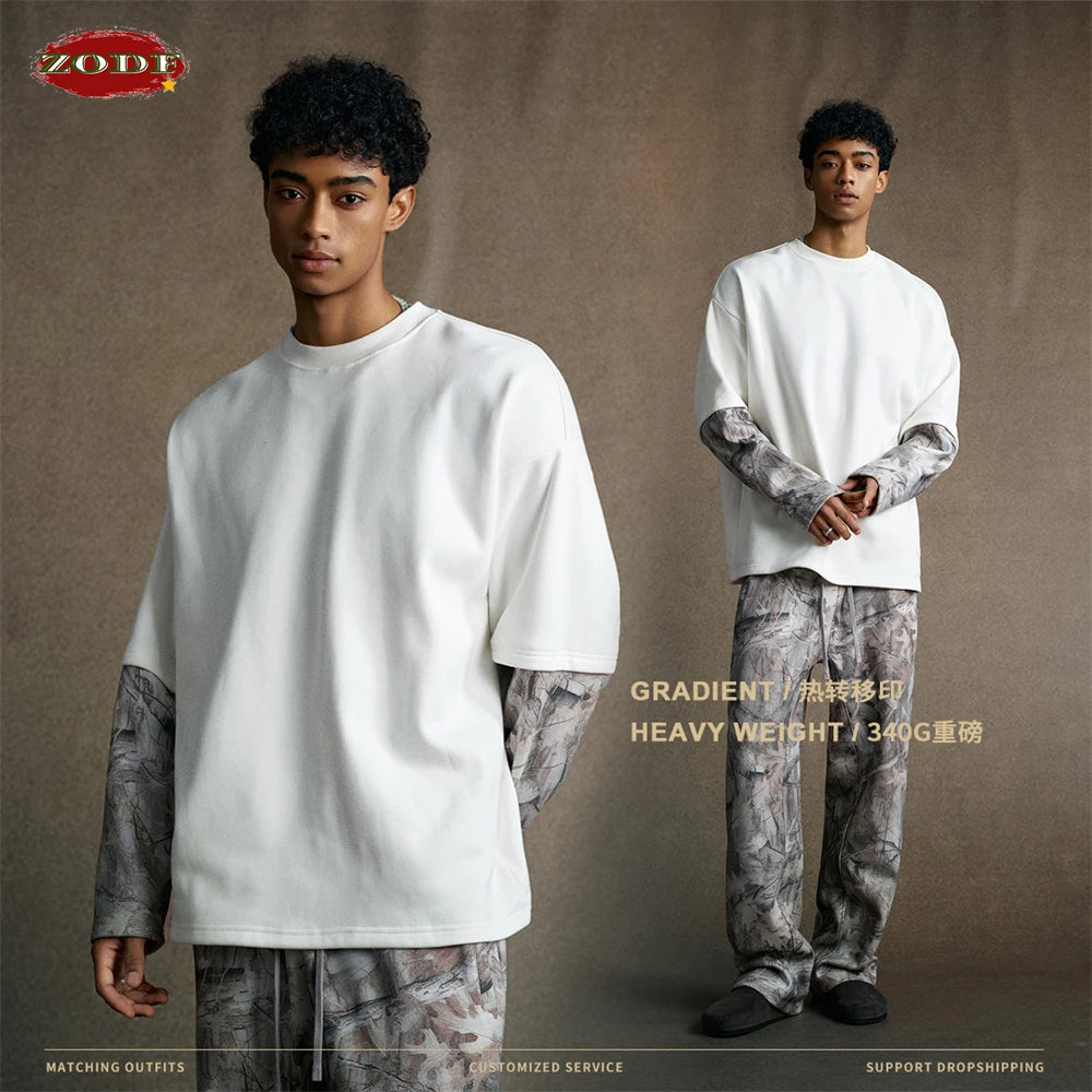 ZODF New Autumn Man Heat Transfer Printing T-Shirt Unisex Oversized 340gsm Fake 2-Piece Long Sleeve T Shirts Brand Tops HY1113